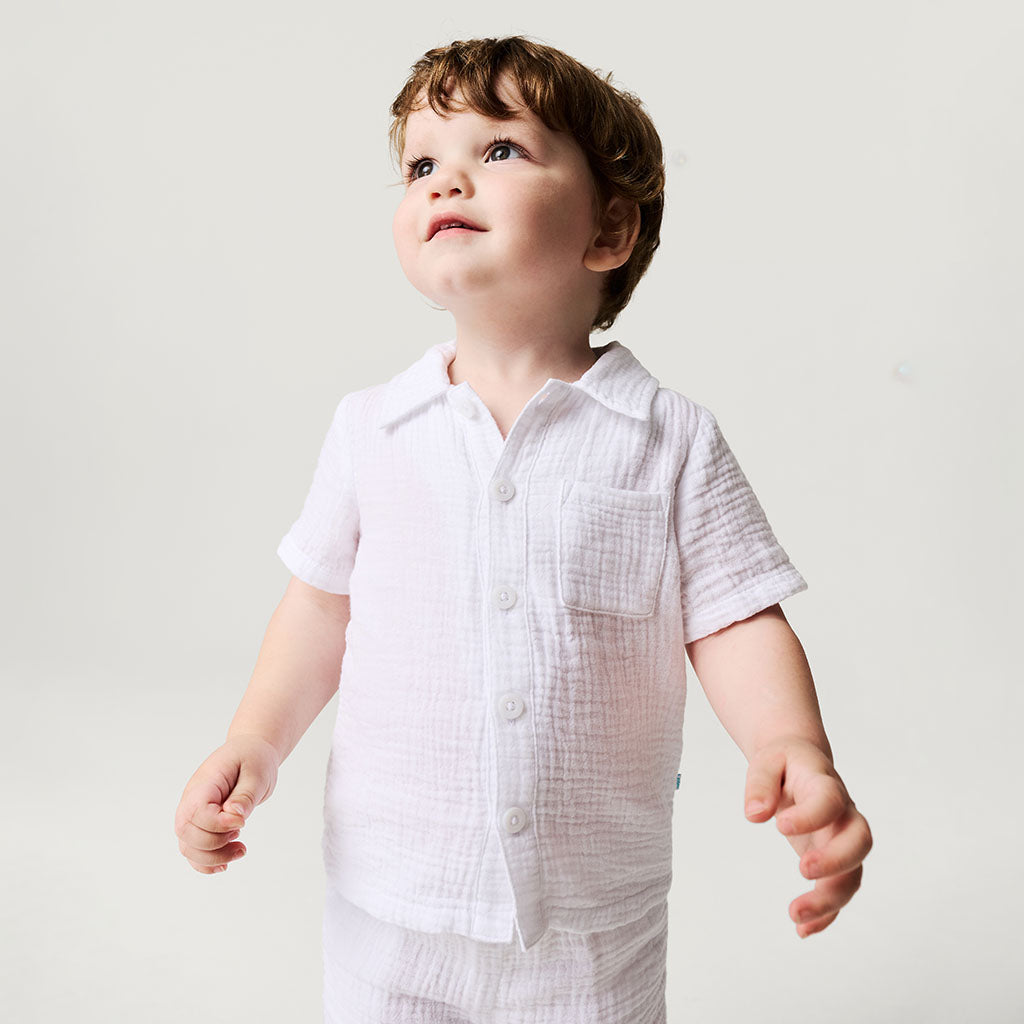 White Cotton Crinkle Button Down Short Set
