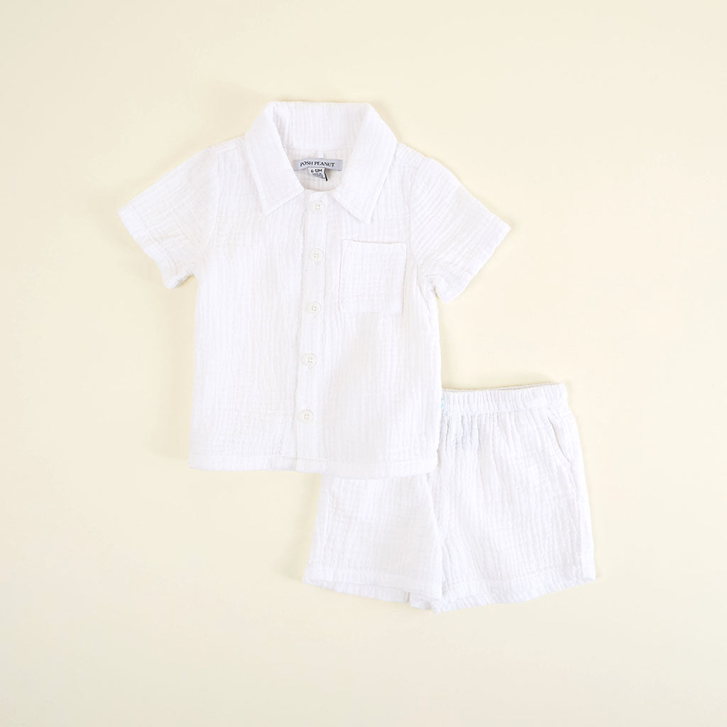 White Cotton Crinkle Button Down Short Set