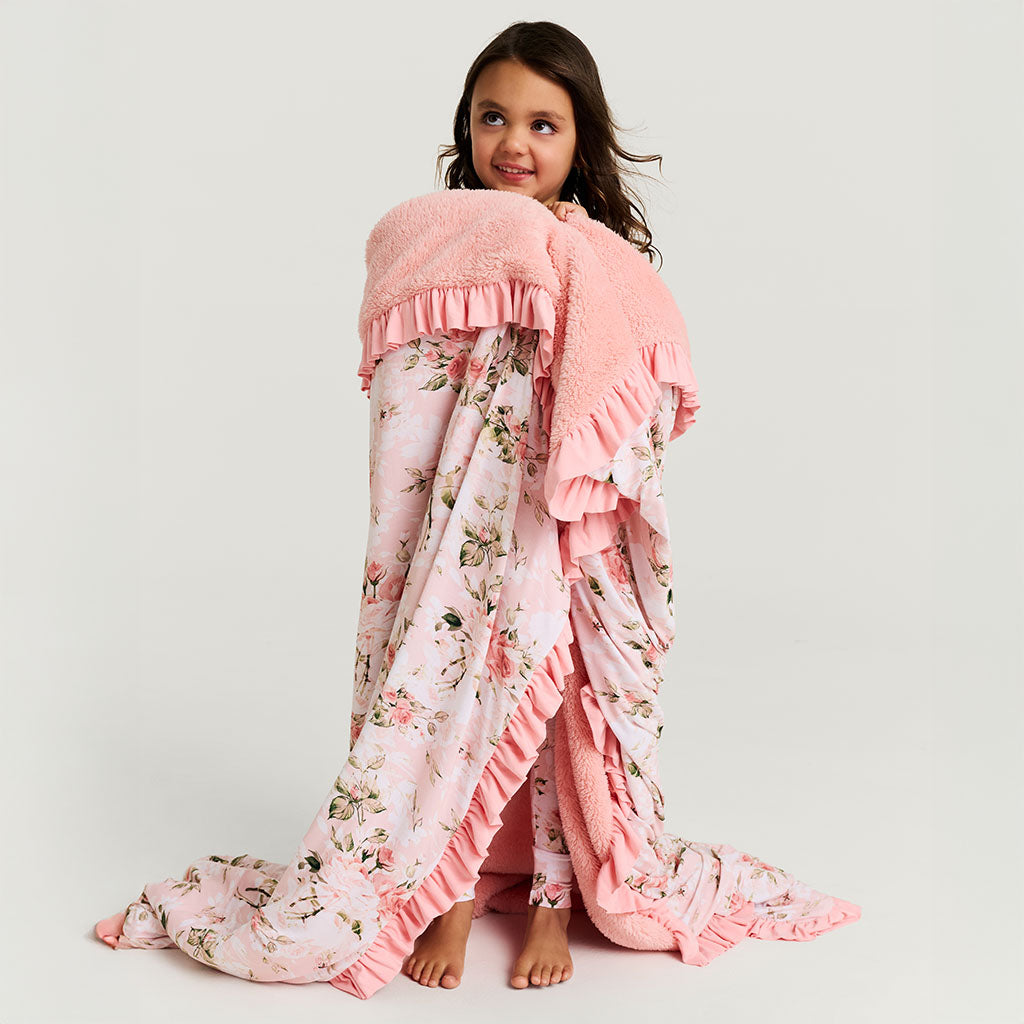 Vintage Pink Rose Ruffled Luxe Plush Patoo® Blanket