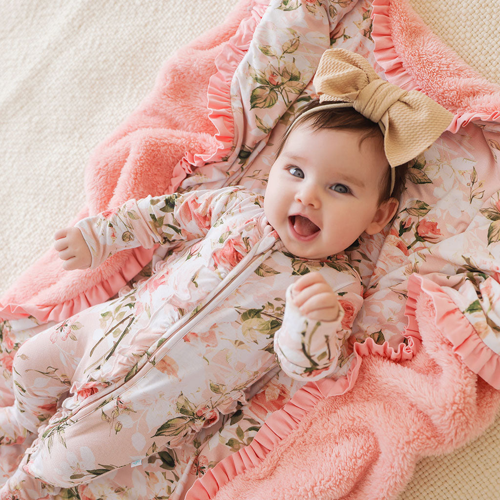 Vintage Pink Rose Ruffled Luxette Plush Patoo® Blanket