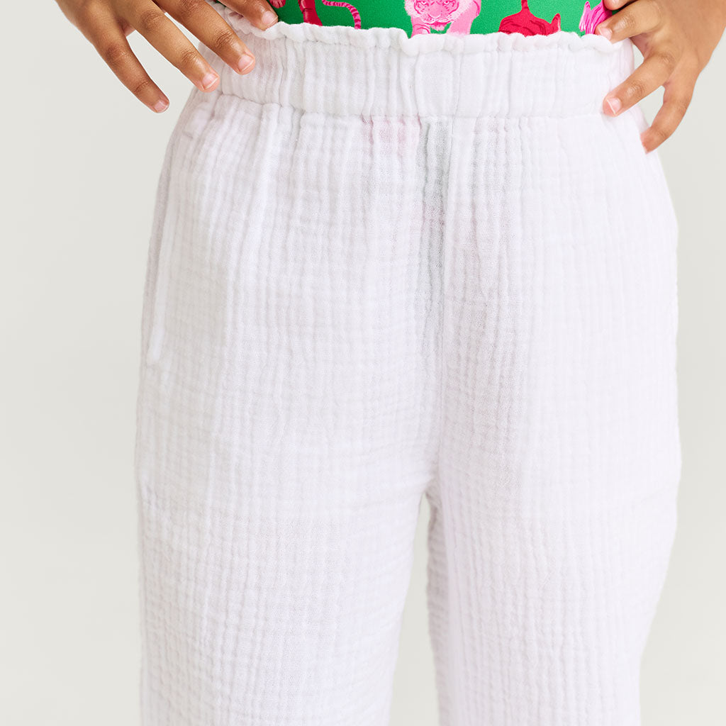 White Cotton Crinkle Paperbag Pants