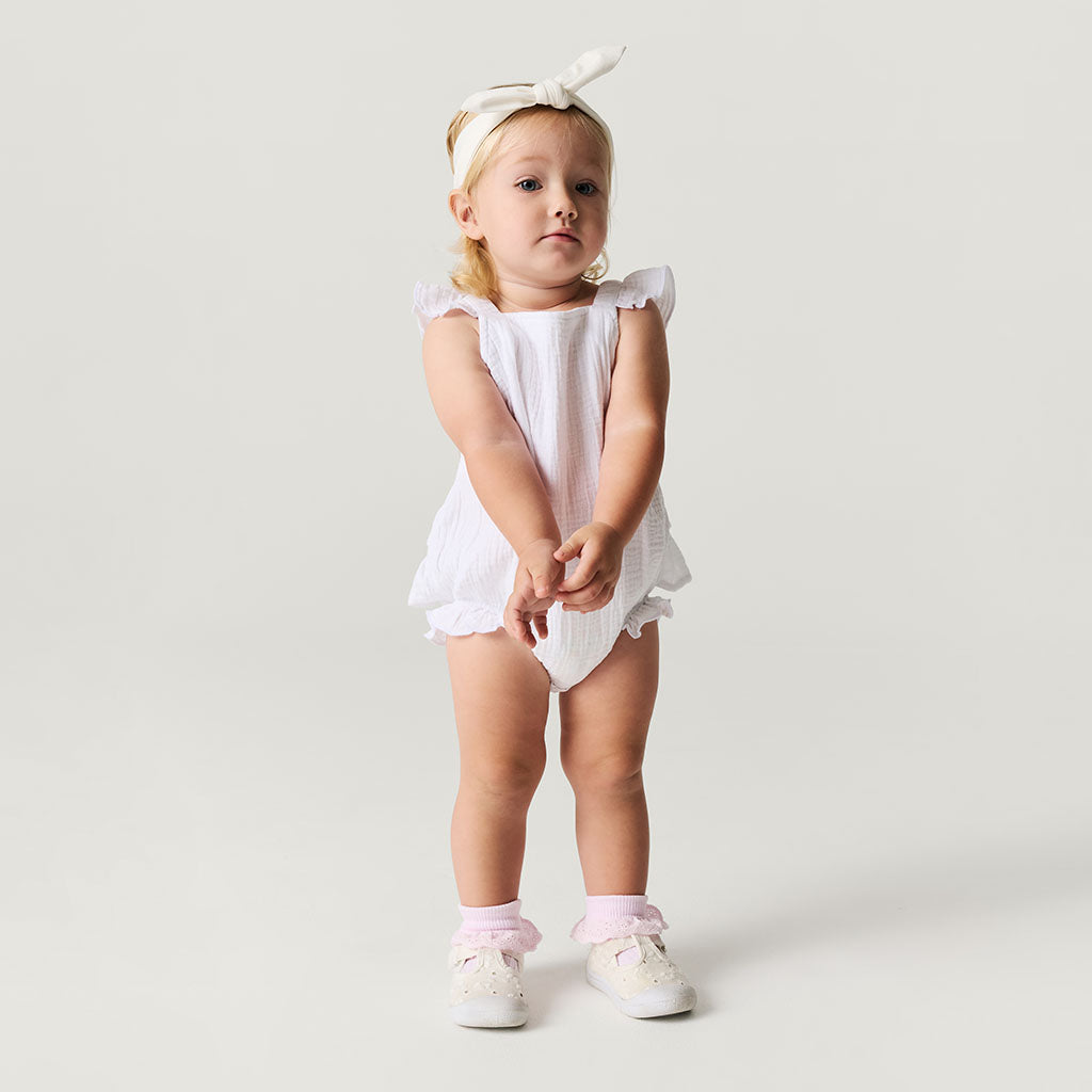 White Cotton Crinkle Ruffled Romper