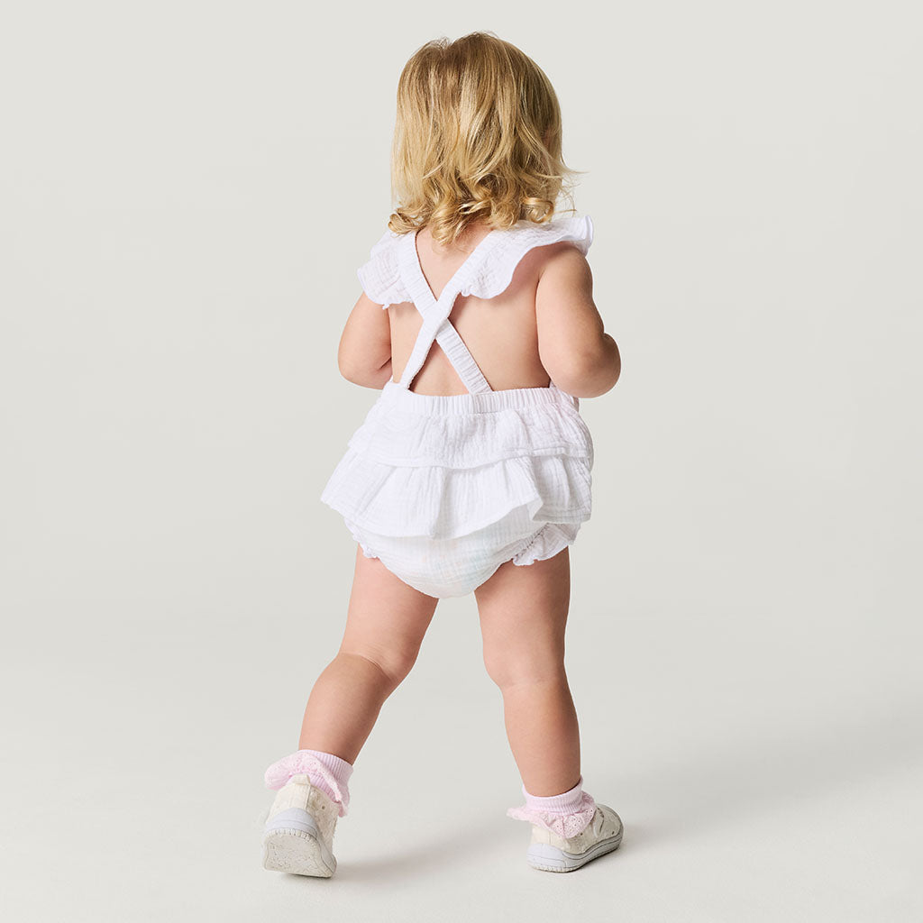 White Cotton Crinkle Ruffled Romper