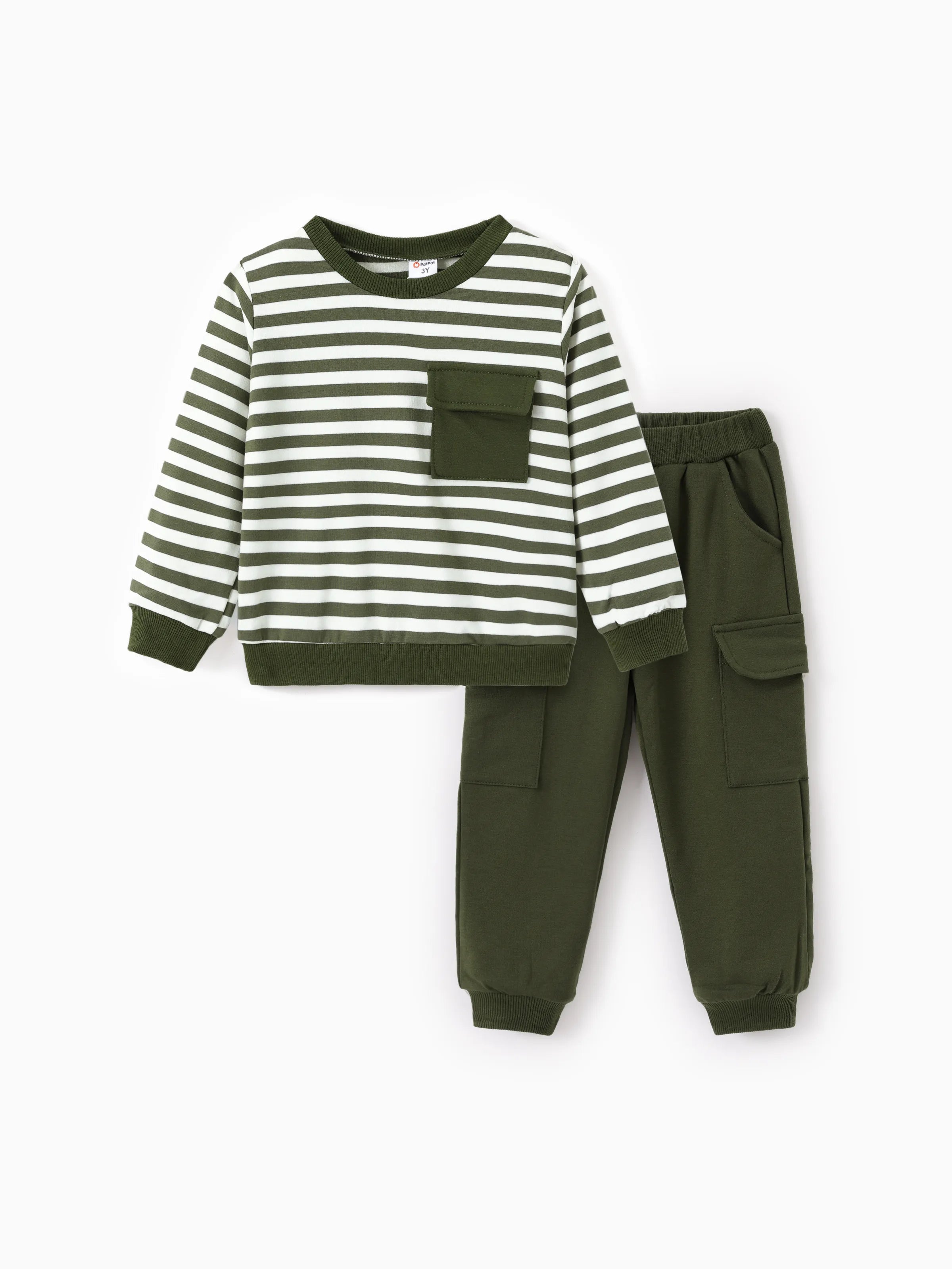2pcs Todder Boy Cotton Stripe Set with Patch Pocket Army green