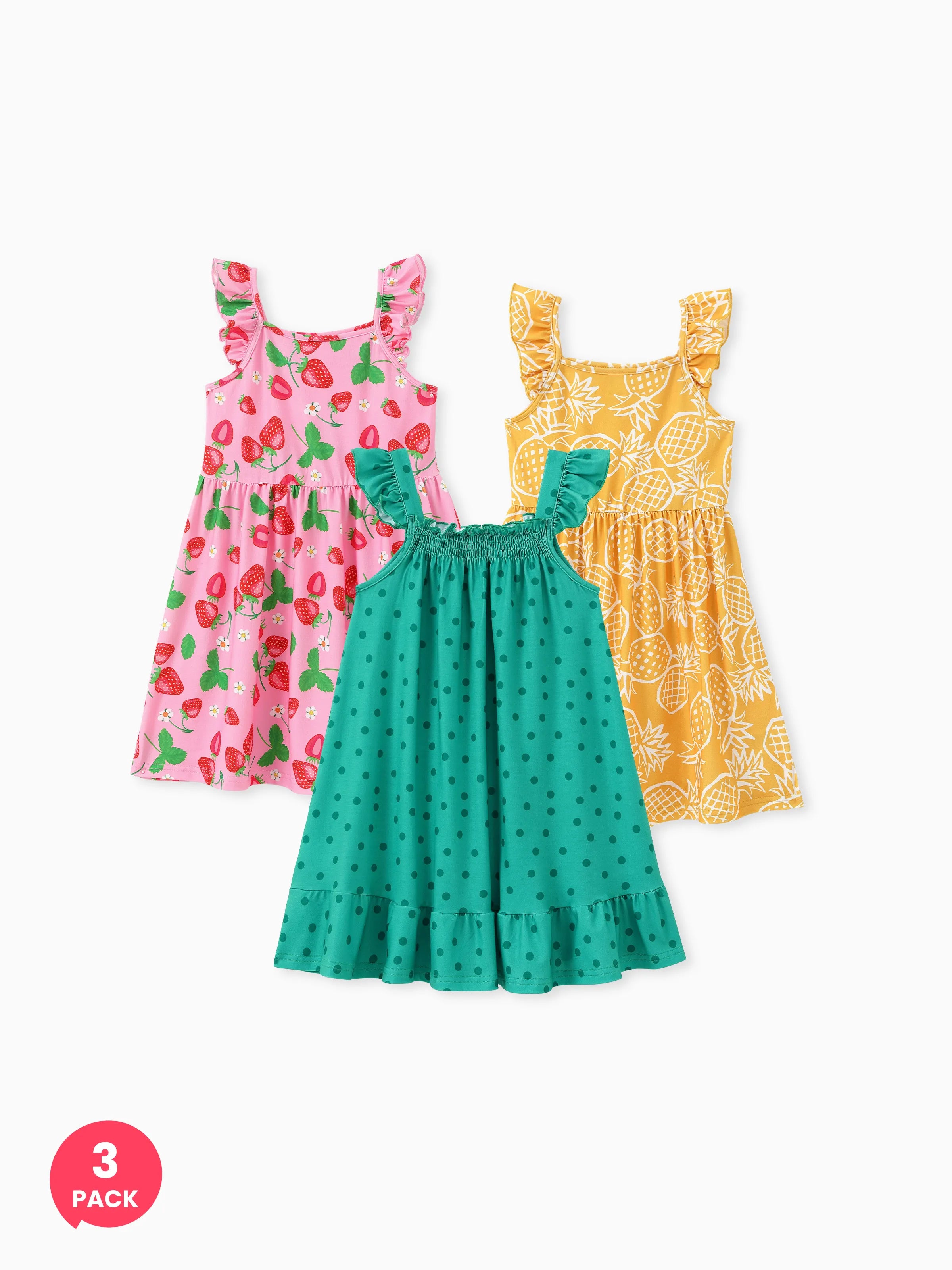 3-Pack Toddler/Kid Girl Childlike Flutter-sleeve Dresses Light Green