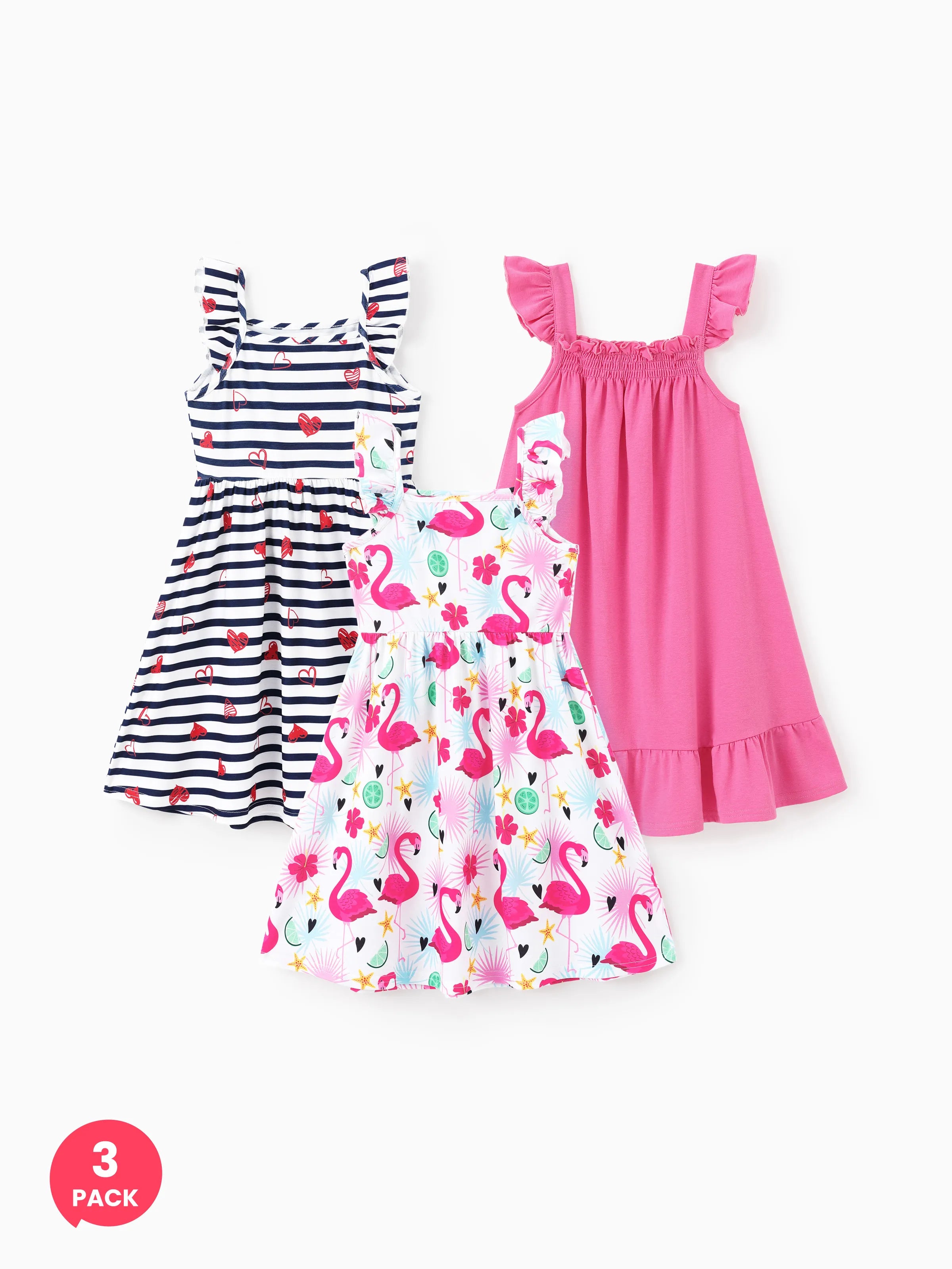 3-Pack Toddler/Kid Girl Childlike Flutter-sleeve Dresses Hot Pink